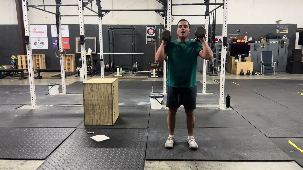 AMRAP12 3-6-9-12-15-18-21.... Db Cleans 35sx2, 6 30' Burpee Box Jumps