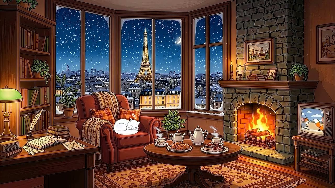 A snowy winter evening in a cozy 1940s Paris, with vintage music playing from the next room to relax
