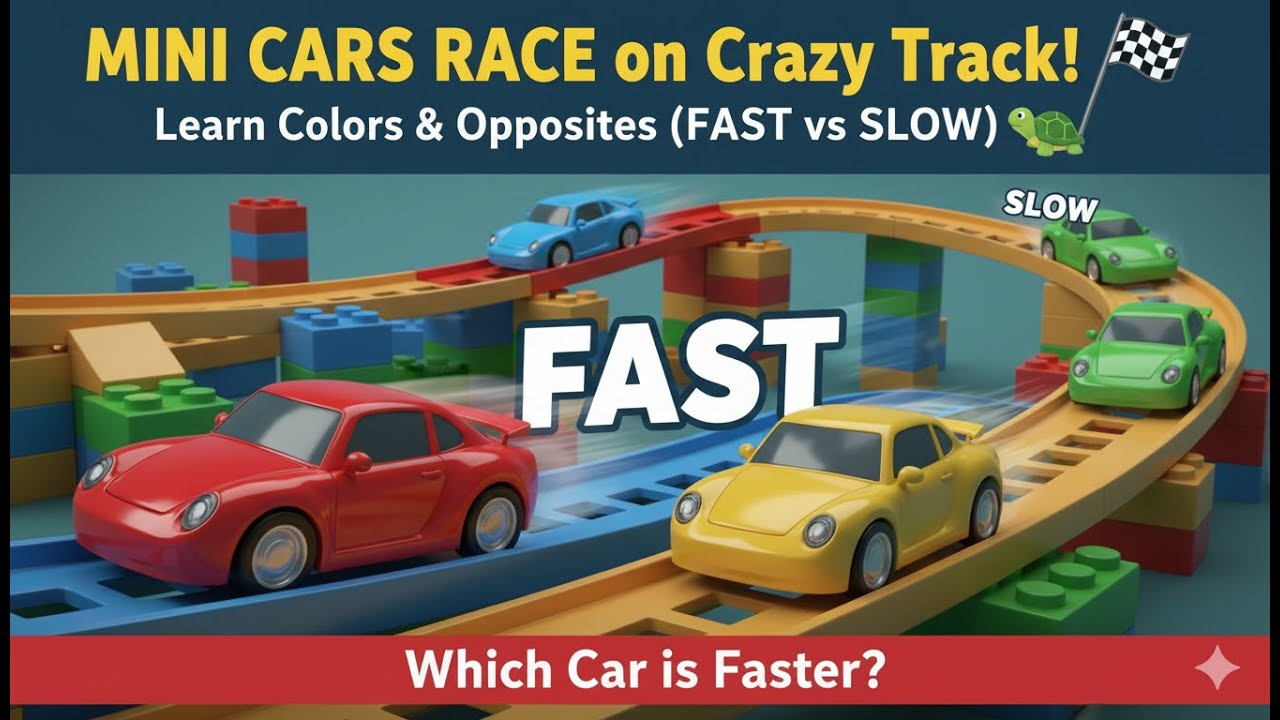 Mini Cars Race on Crazy Track! 🏁 Learn Colors & Opposites (FAST vs SLOW) 🐢 Which Car is Faster