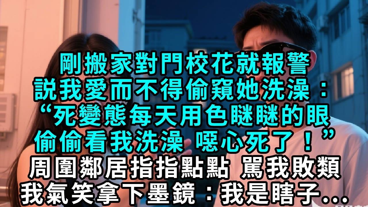 剛搬家對門校花就報警，說我愛而不得偷窺她洗澡：「死變態每天用色瞇瞇的眼偷偷看我洗澡，噁心死了！」周圍鄰居指指點點，罵我敗類，我氣笑拿下墨鏡：我是瞎子。