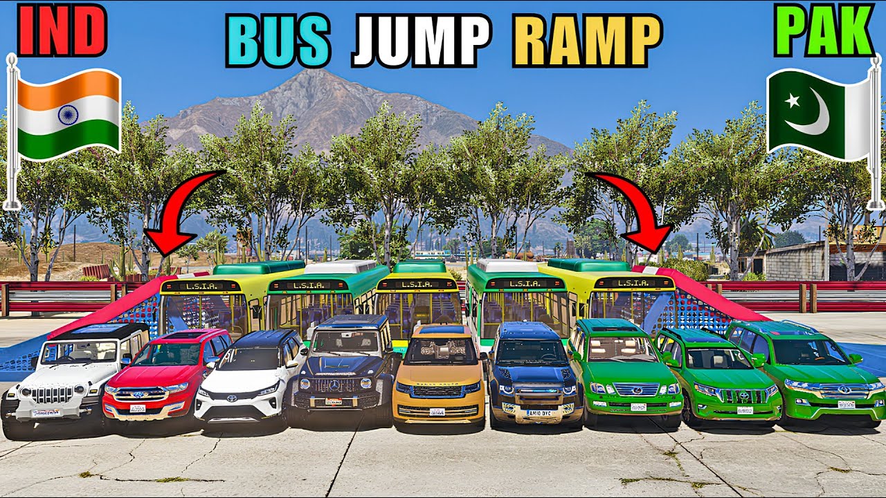 India Vs Pakistan Vs Luxury SUV Cars Longest Bus Jumping Challenge | Gta 5 Gameplay