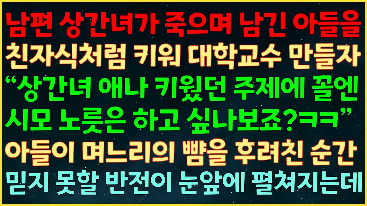 (반전신청사연) 남편 상간녀가 죽으며 남긴 아들을 키워 교수 만들자 “상간녀 애나 키운 주제에 시모노릇 하게요?ㅋ” 아들이 며느리 뺨을 친 순간 믿지 못할 반전이 눈앞에 펼쳐지는데