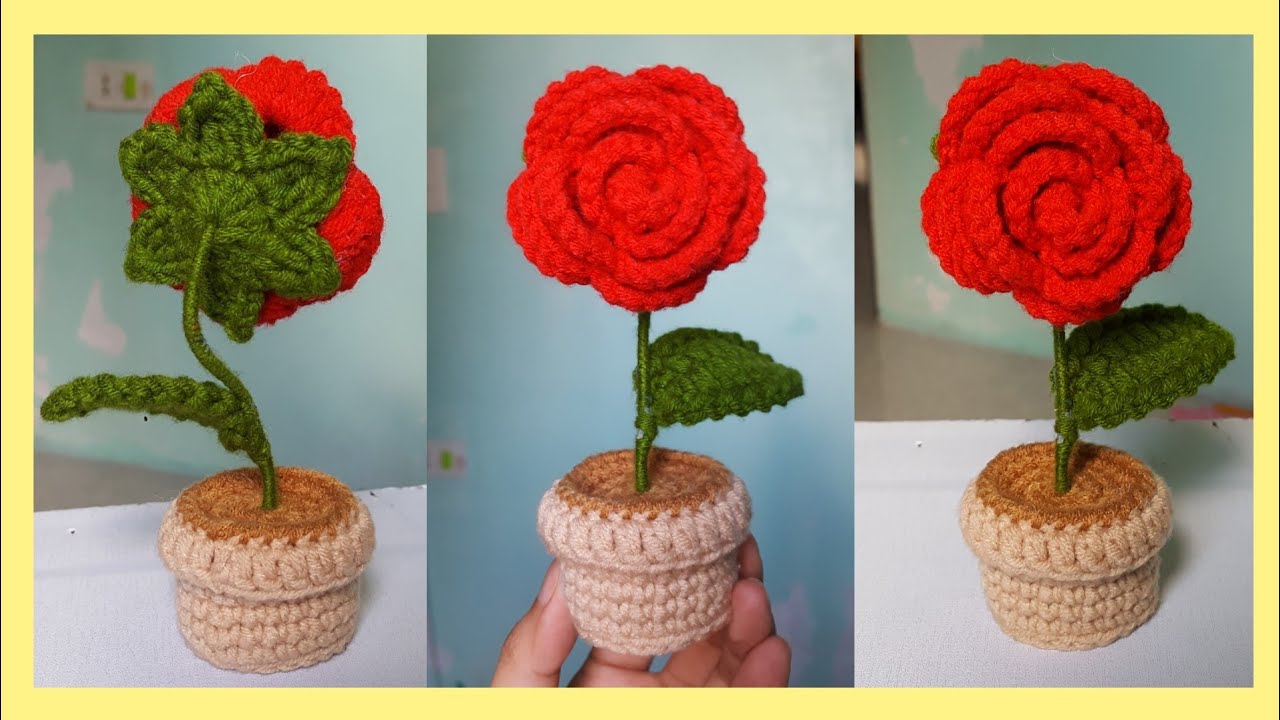 Very Easy Crochet Mini Rose in a Pot | DIY Craft | subtitle