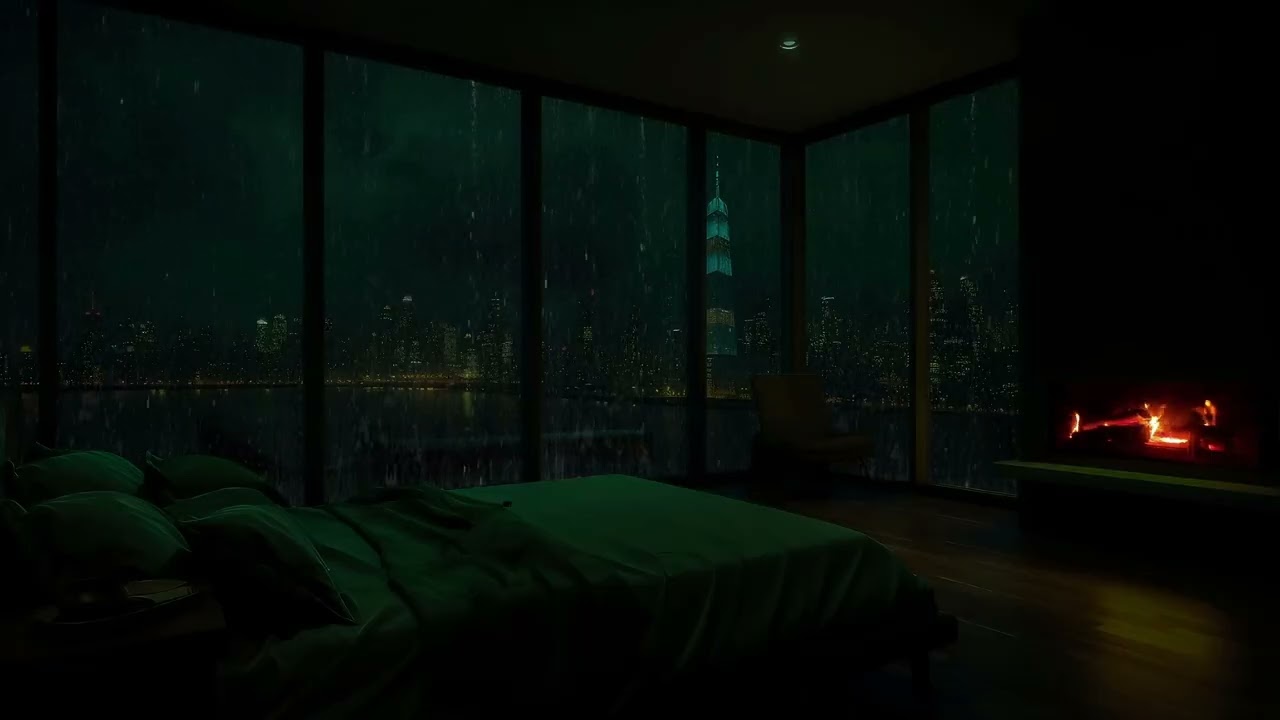 Quite Night with Rain Sounds 24/7😴🔥Soft Thunder - Fire Sounds in Luxury Apartment for Healing Sleep