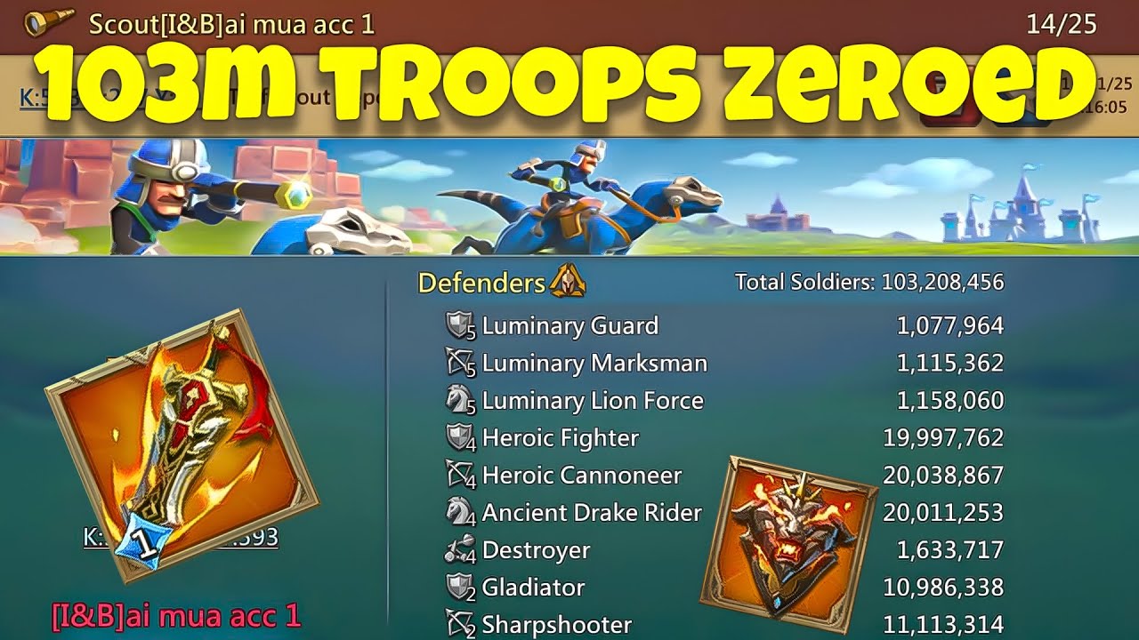 Lords Mobile - 100m+ troops full T4 comp zeroed in couple rallies . 1870% stat accounts in action 