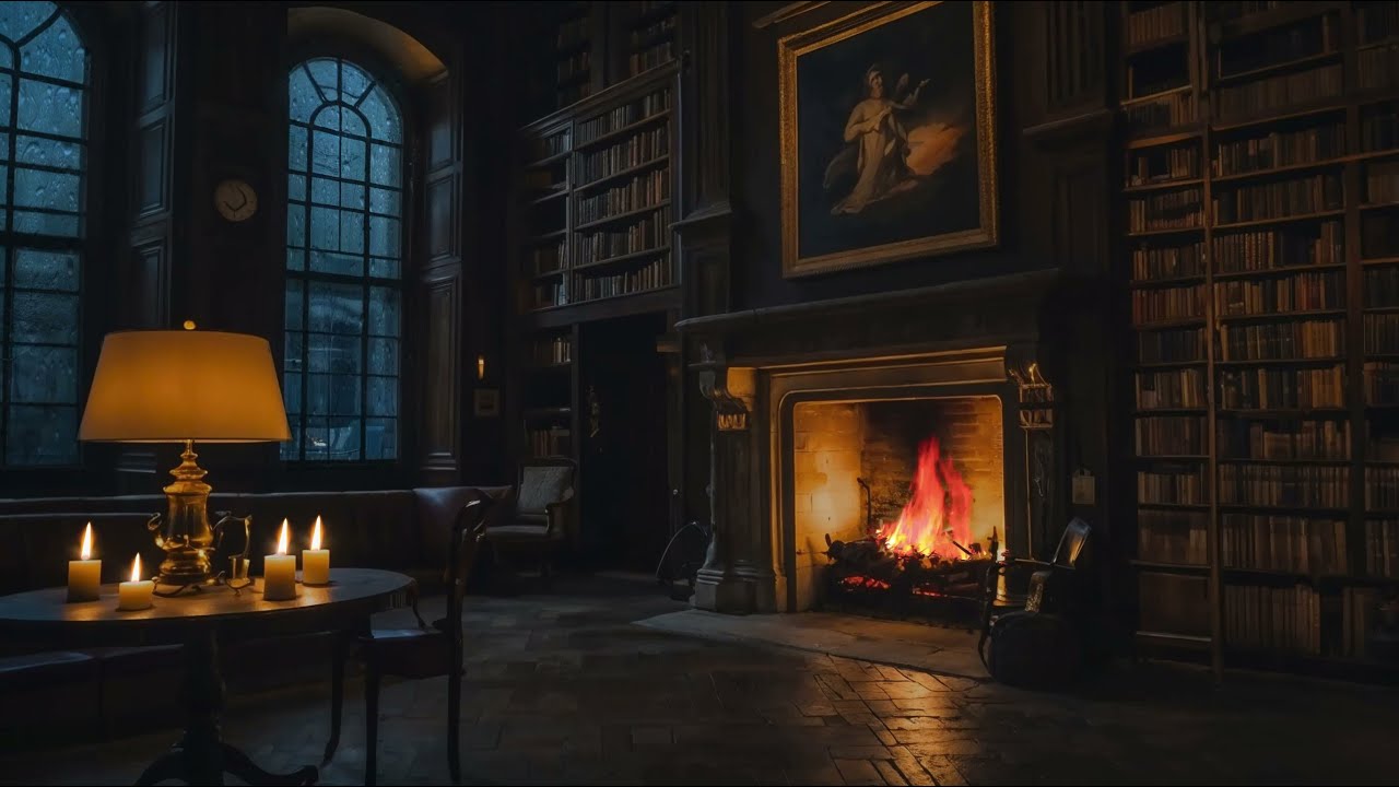 Rainstorm Ambiance in a Library with Crackling Fireplace - 11 Hours