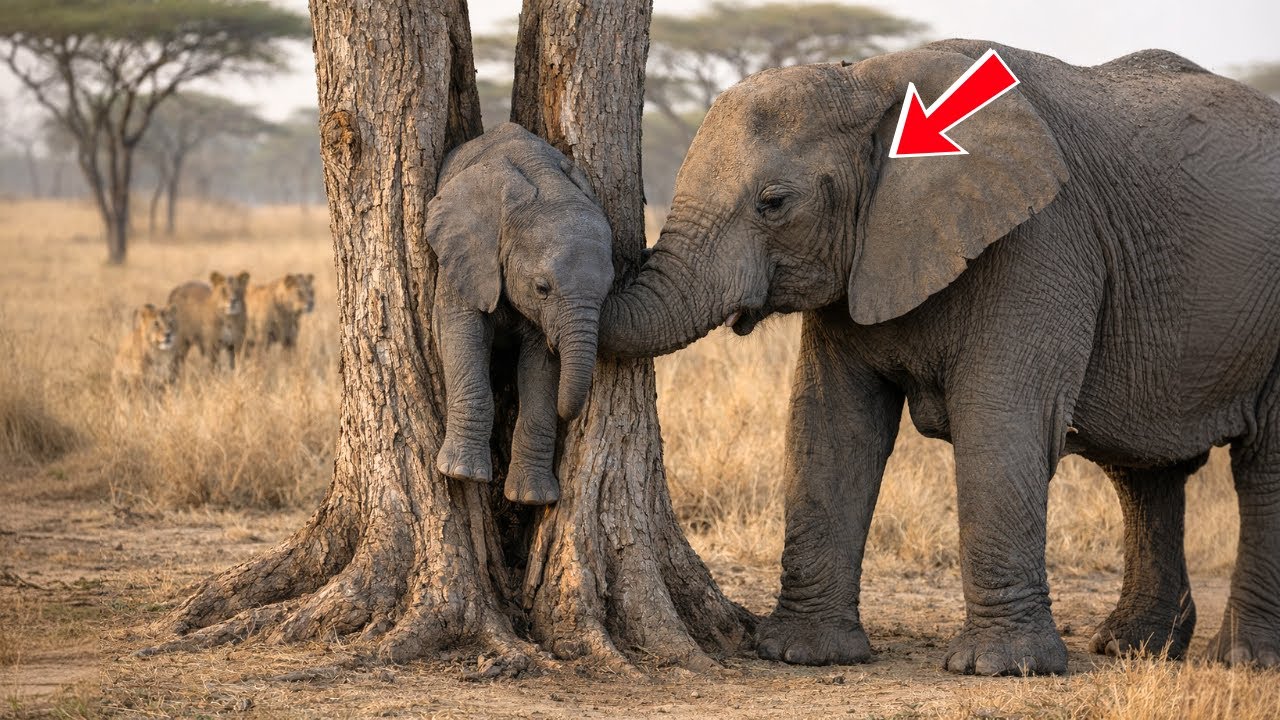 Baby Elephant Trapped in a Tree for 2 Days — Its Mother Protected It Until the Rescue