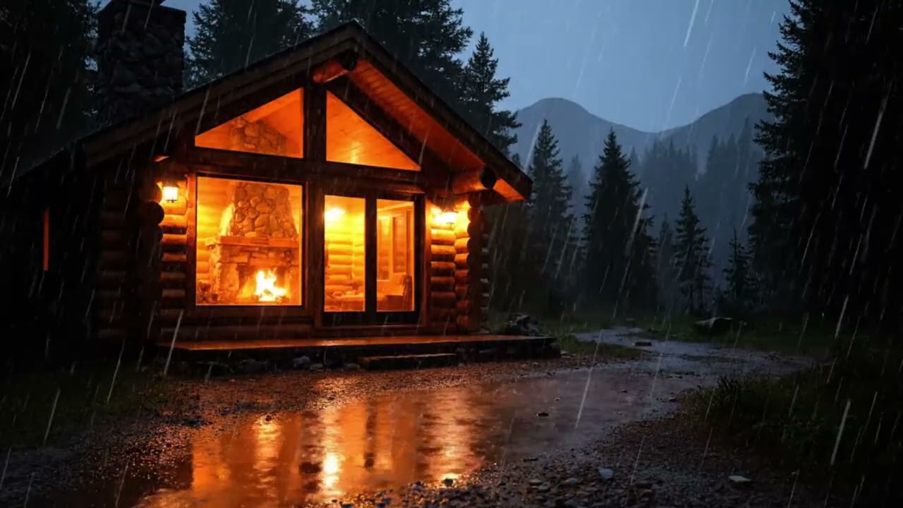 Rainy Night in a Cozy Log Cabin | Fireplace Glow & Rain Sounds for Deep Sleep