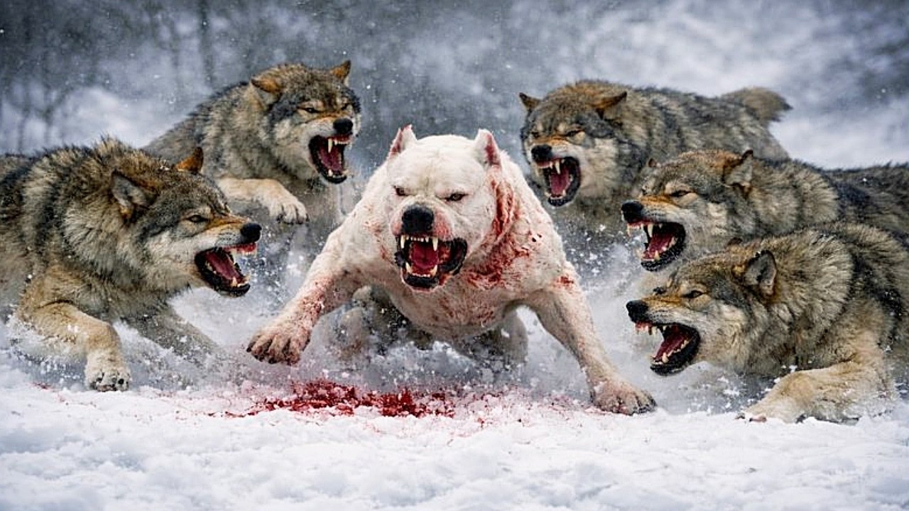 Cinco lobos atacan a un Dogo Argentino — el final es totalmente inesperado