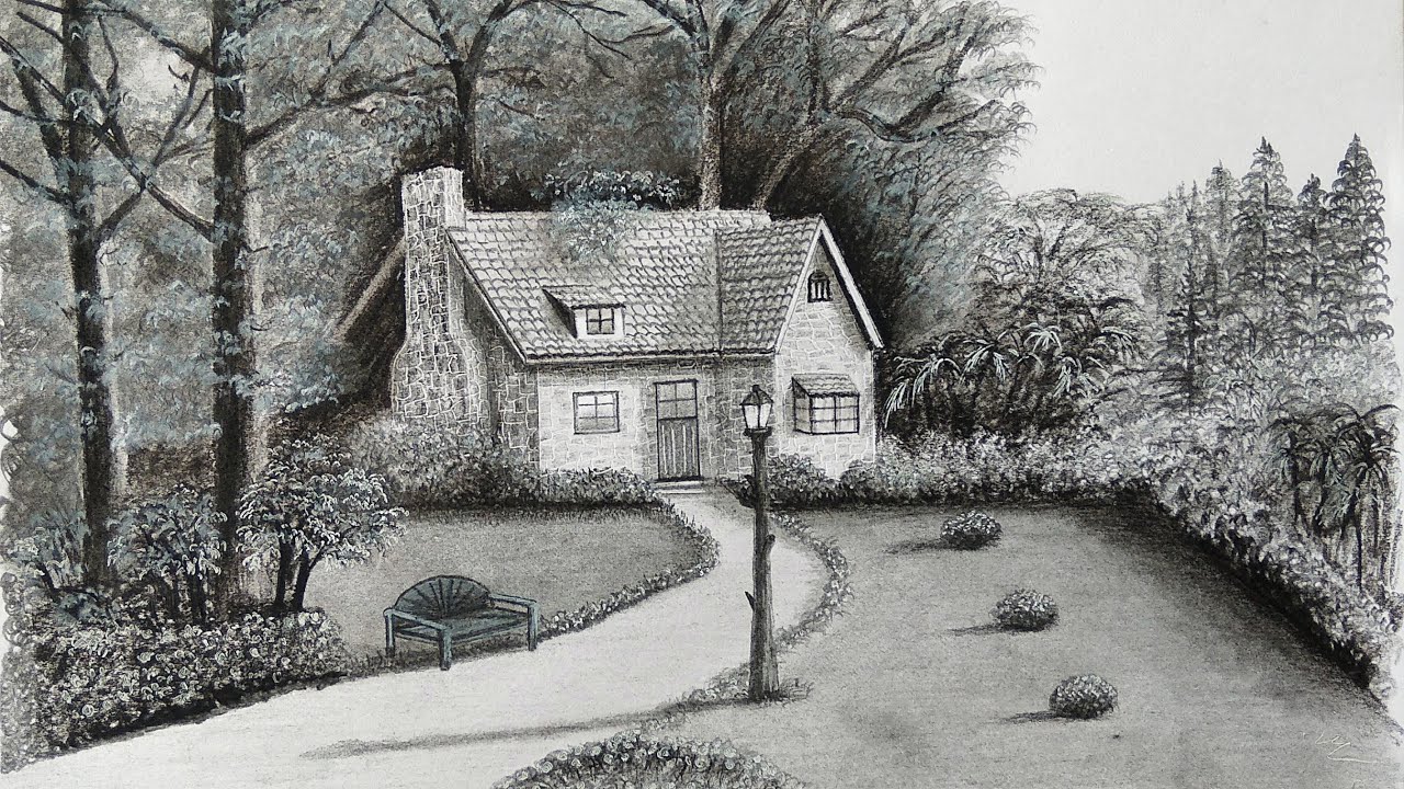 Home landscape drawing / house scenery drawing / pencil drawing /