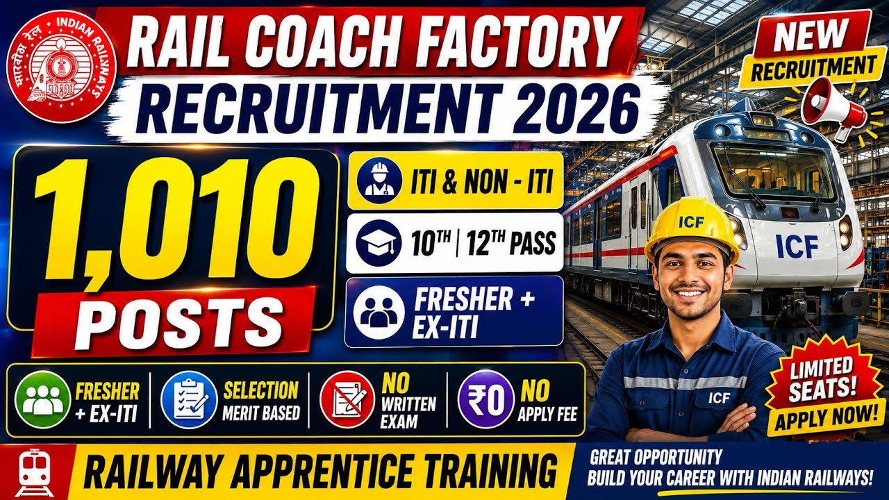 Rail Coach Factory Recruitment 2026 | 1010 Posts | ITI & Non-ITI | 10th Pass |Railway Apprentice Job