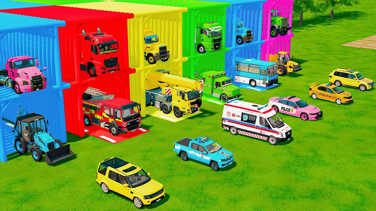 TRANSPORTING ALL EMERGENCY AND POLICE VEHICLES, BACKHOE LOADER, DUMP TRUCK TO GARAGE - FS22