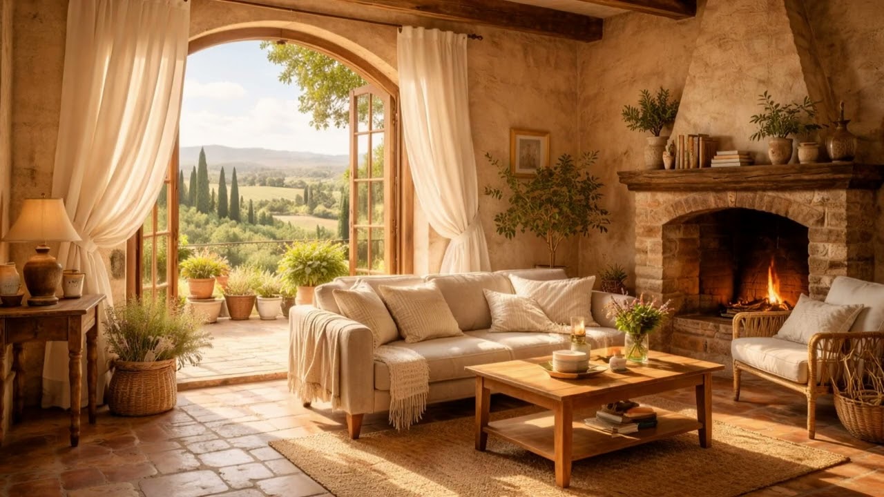 Tuscan Living Room Under the Sun | Fireplace, Soft Breeze & Birds 3 Hours