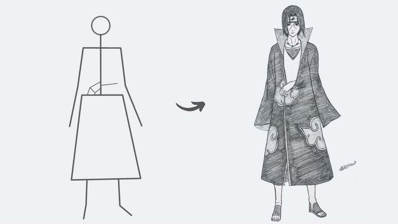 How to draw Itachi Uchiha full body out of Stick man | Easy step-by-step | Naruto