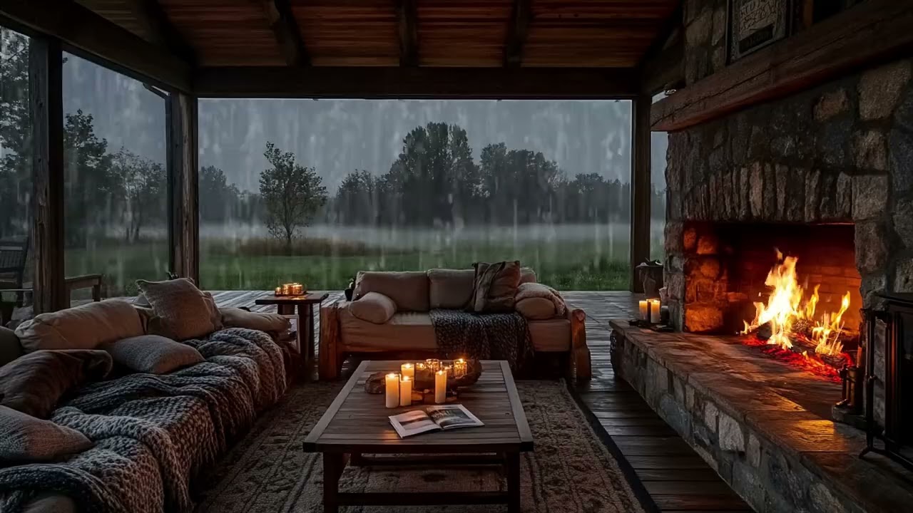 Rainy Day View from a Large Window with Fireplace | Peaceful Meadow Ambience for Sleep and Relax