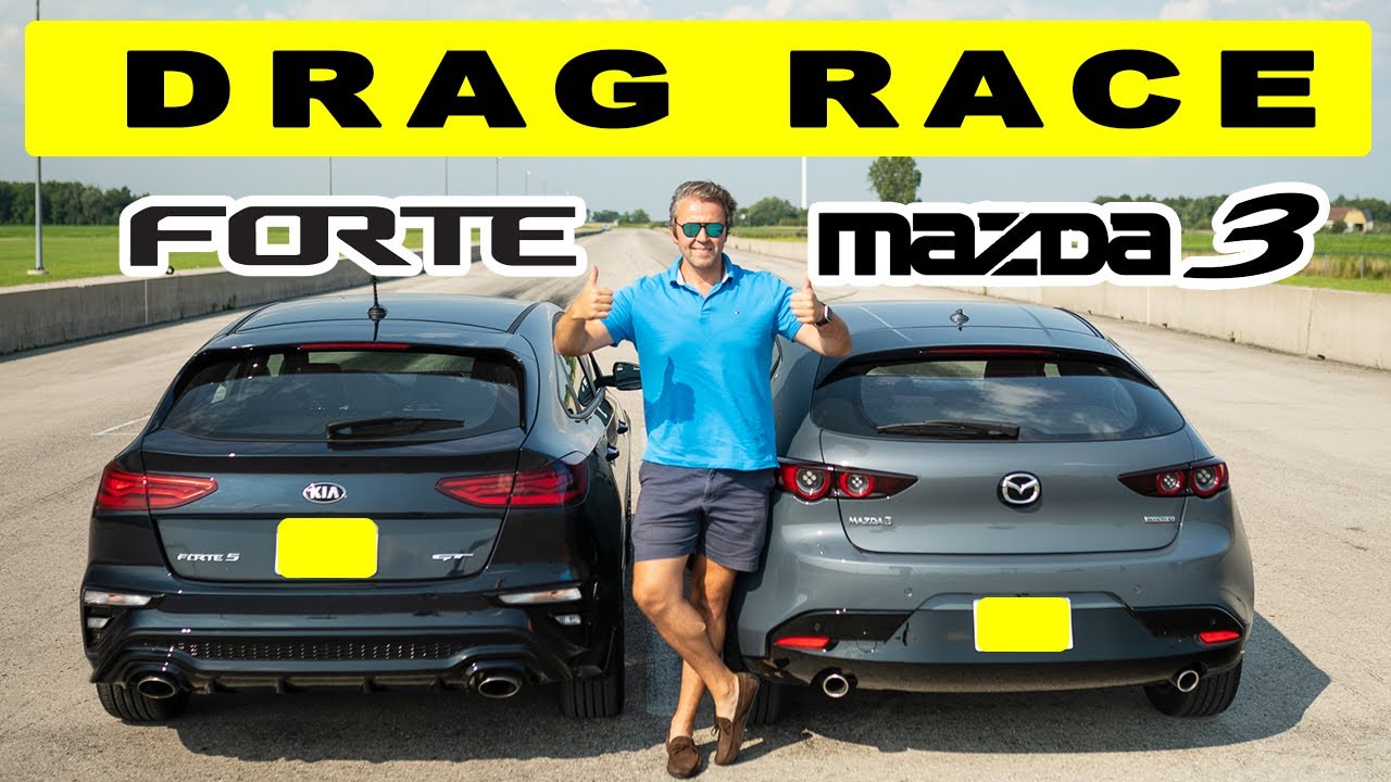 2021 Mazda3 6MT vs Kia Forte5 GT 6MT, drag and roll race. Battle of hatches.