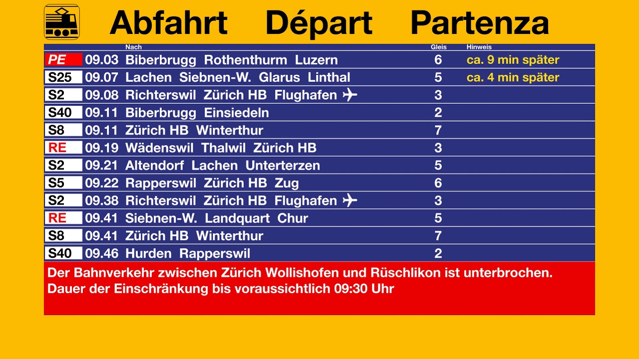 SBB Ansage - Information zum Bahnverkehr - Störung zwischen Zürich Wollishofen und Rüschlikon