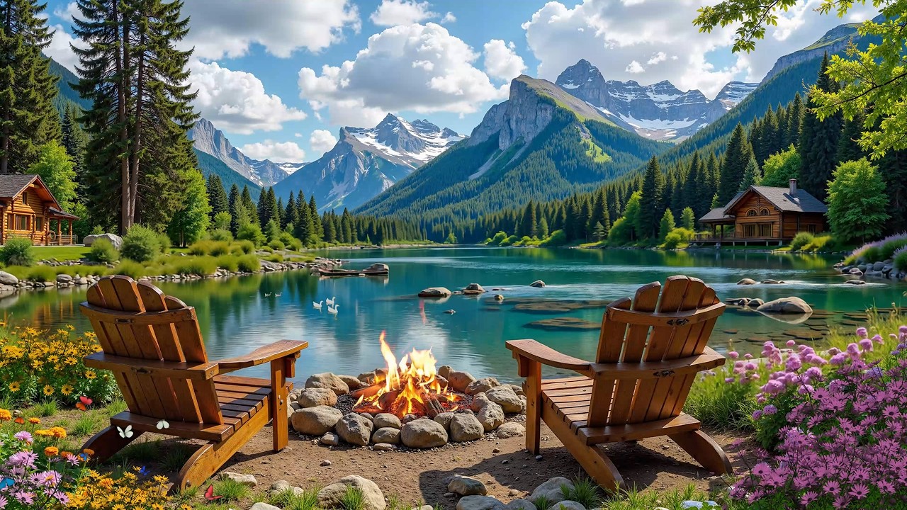 Peaceful Riverside Forest Lakeside Cabin 🌺🔥 Cozy Firepit Crackles, Birdsong & Nature Calm