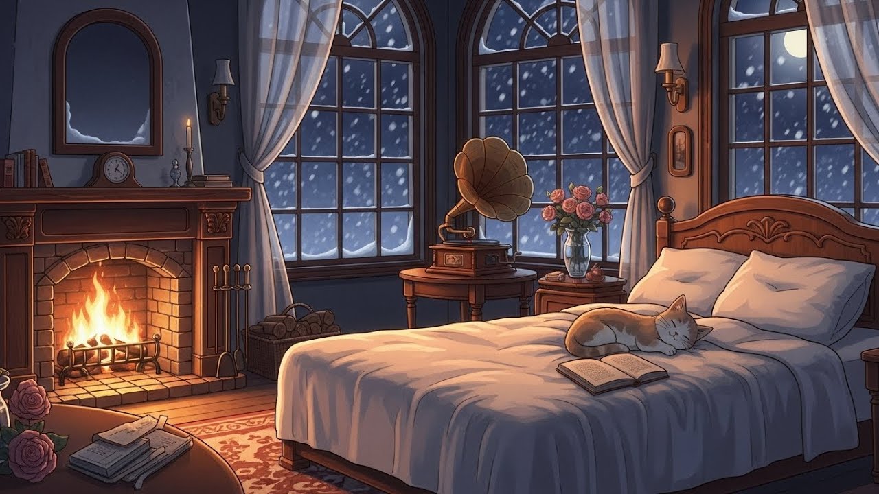 snowy night with vintage oldies playing in another room (crackling fireplace & blizzard), Vol. 5
