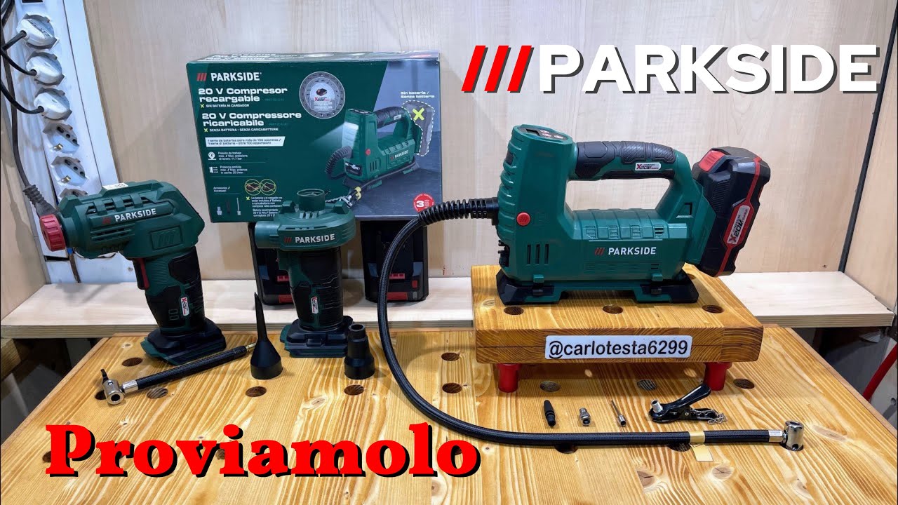 Parkside compressore ricaricabile 20 V Lidl unboxing recensione e test prova  tutorial gonfia gomme
