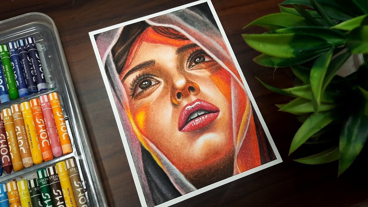 How to draw beautiful woman portrait with oil pastel color 😍 Canvas Art