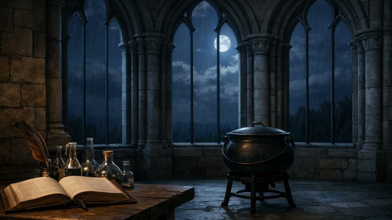 Medieval Alchemy Lab | Rain Outside Dry Glass | Deep Focus & Study
