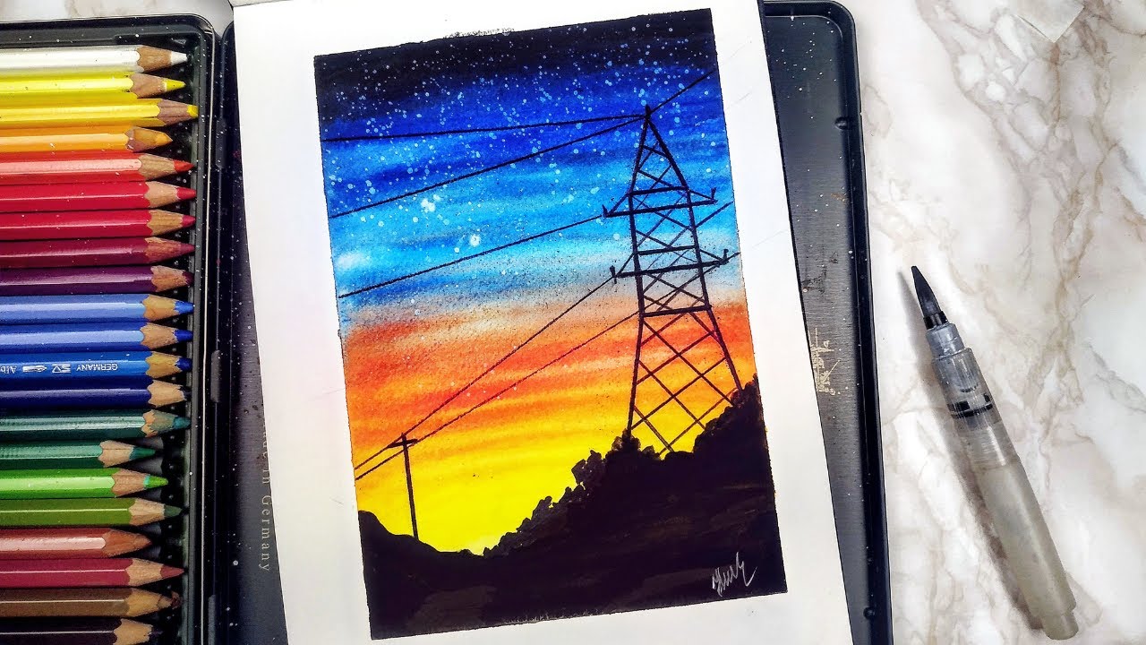 Watercolor pencils sunset tutorial