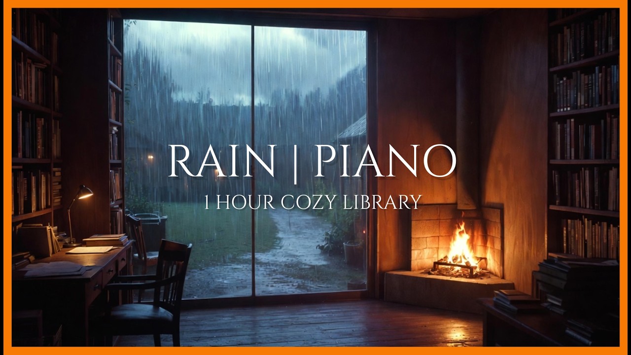Cozy Library with Warm Fireplace & Rain 📚 Relaxing Piano Music for Deep Sleep & Study (1 Hour)