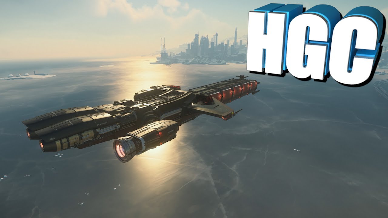 The Caterpillar spacecraft flies in front of the New Babbage in Star Citizen (1)