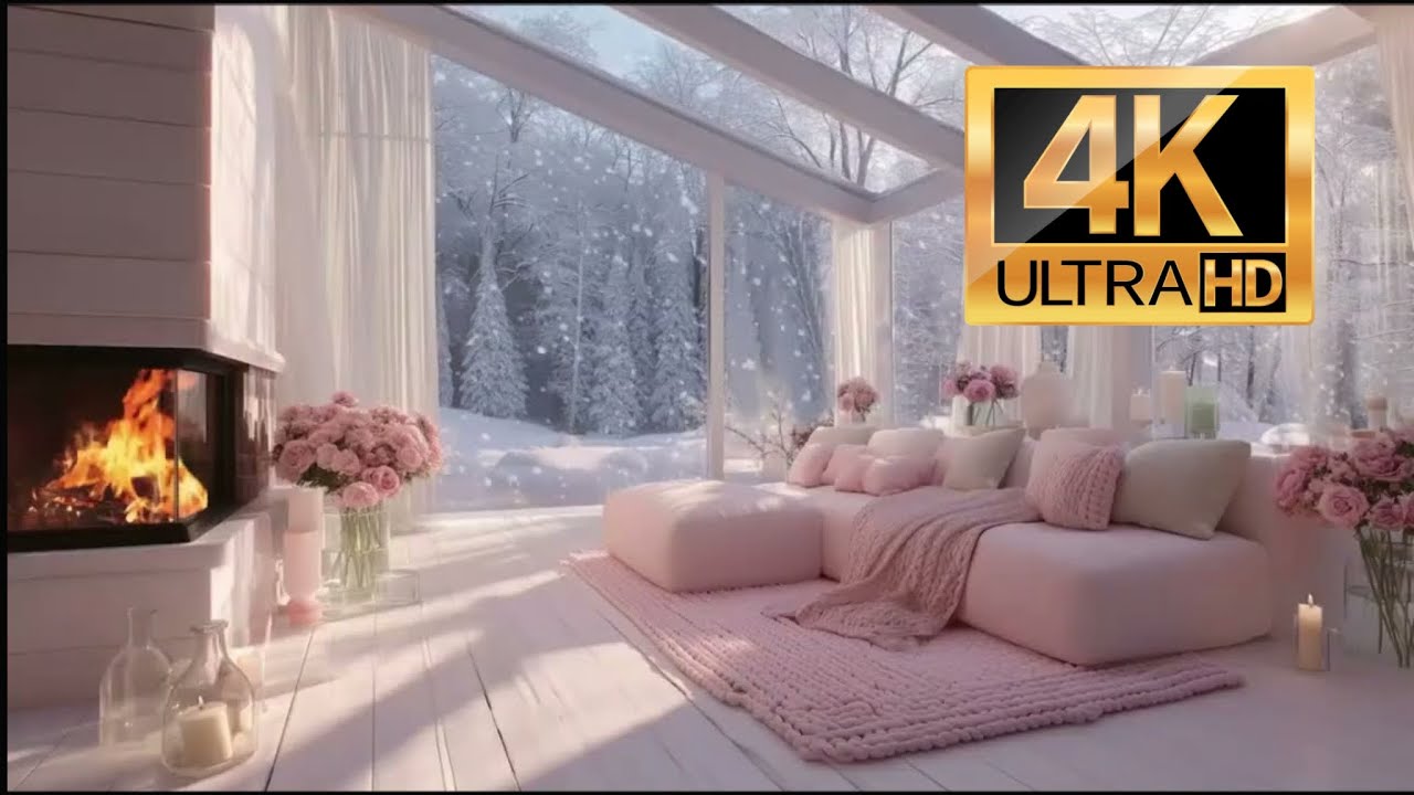 Pink Cozy Luxurious Living Room Fireplace in a Snowy Forest | Deep Relaxation & Calm Ambience