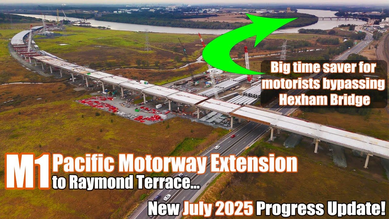 Complete aerial trip along the M1 Pacific Motorway Extension to Raymond Terrace in Hunter Region