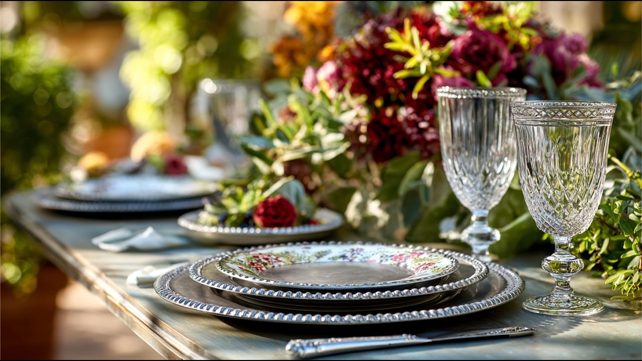 Estetyka renesansowego dziedzińca dla wyrafinowanego, luksusowego, wiosennego brunchu na świeżym ...