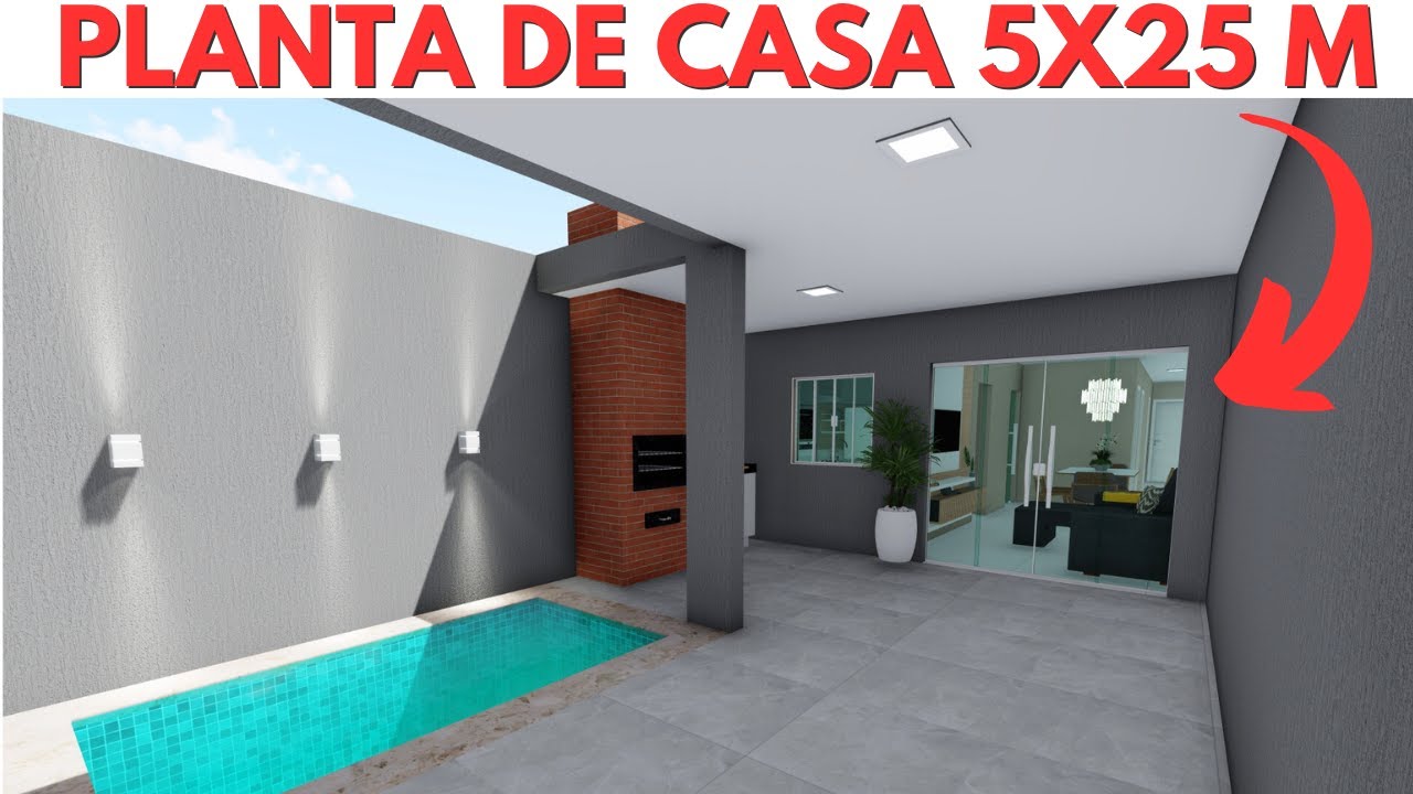 PLANTA DE CASA 5X25 METROS COM 3 QUARTOS | HOUSEPLANT | FLOORPLAN