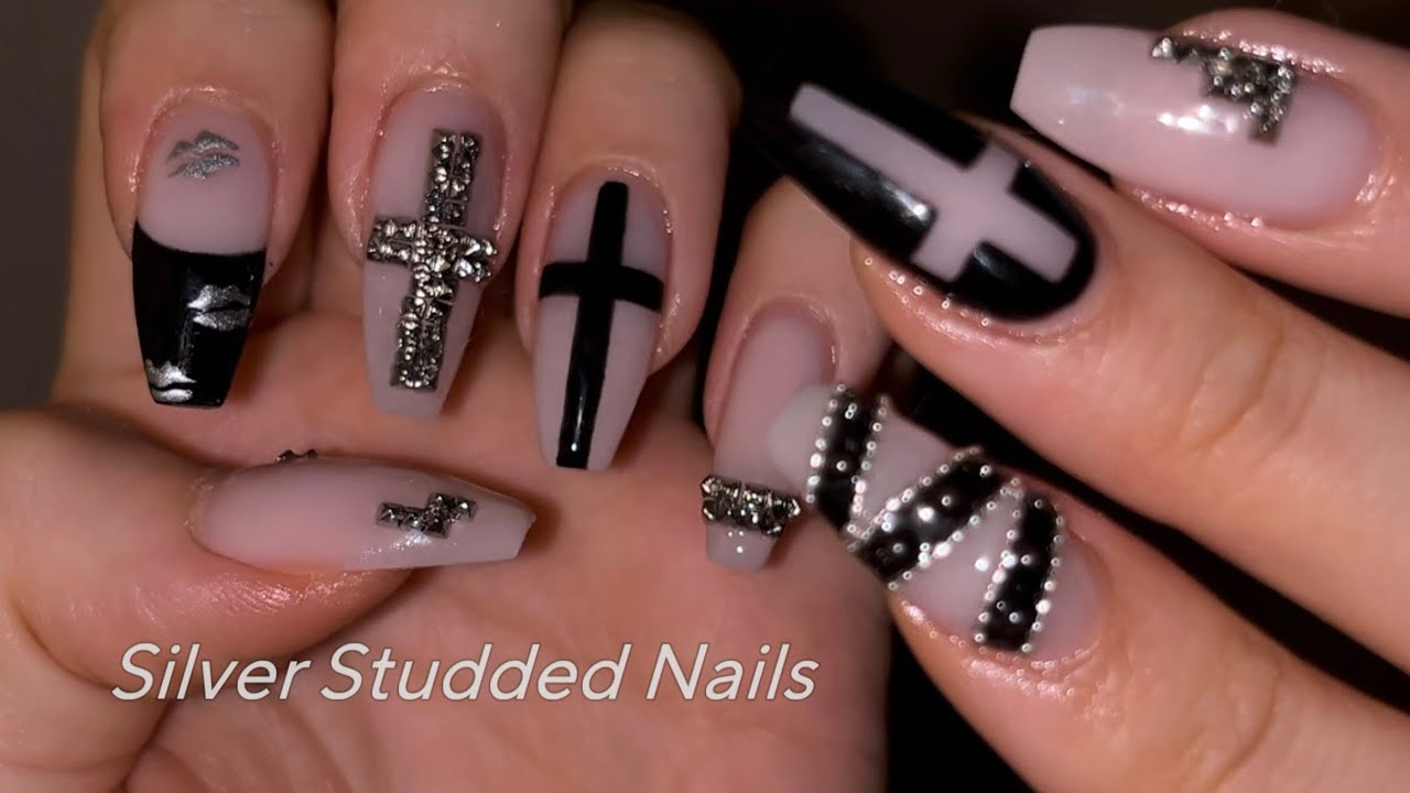 스터드 십자가 네일🩶🧌 silver studded nails / 듀얼팁 연장 / 셀프네일