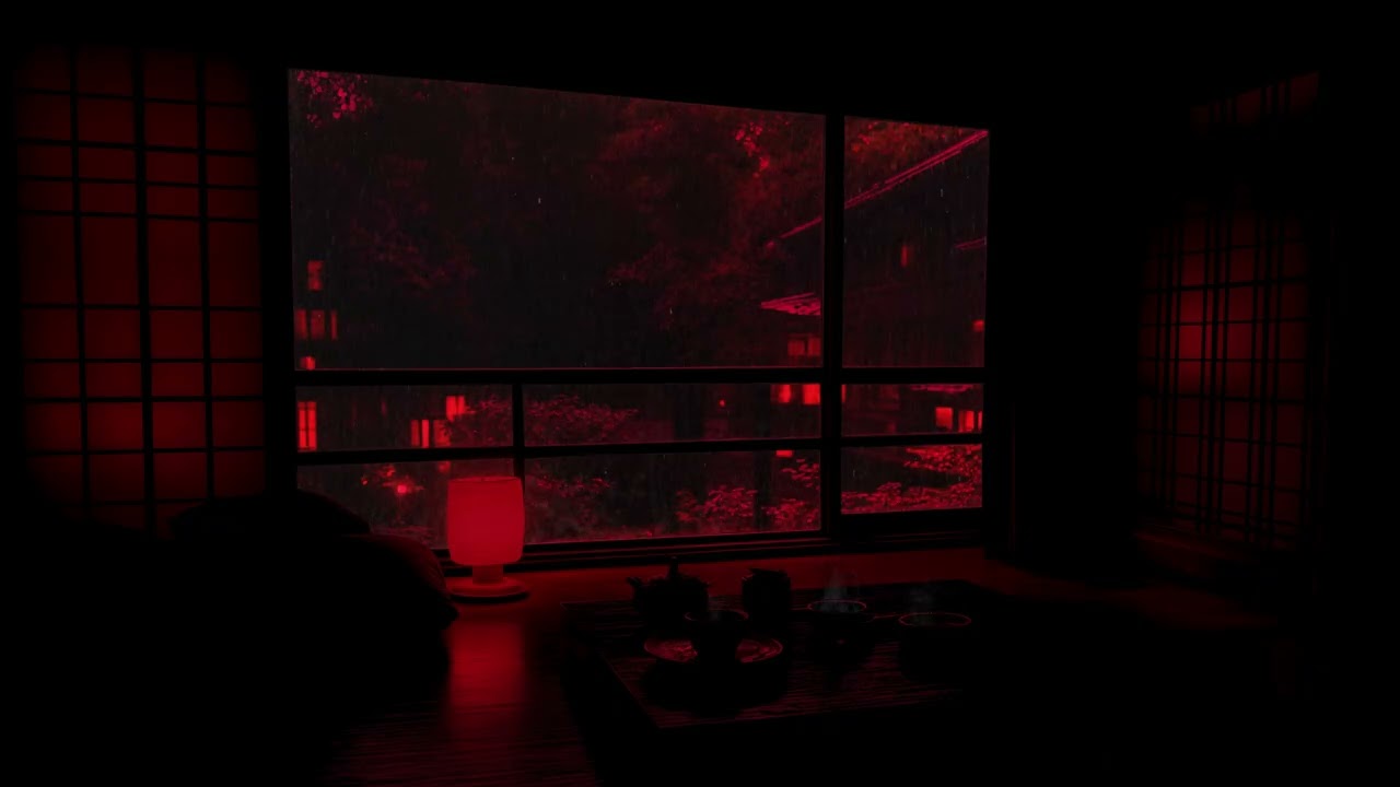 La Lluvia Roja Cae Lentamente Fuera de la Ventana en una Noche Profunda y Tranquila