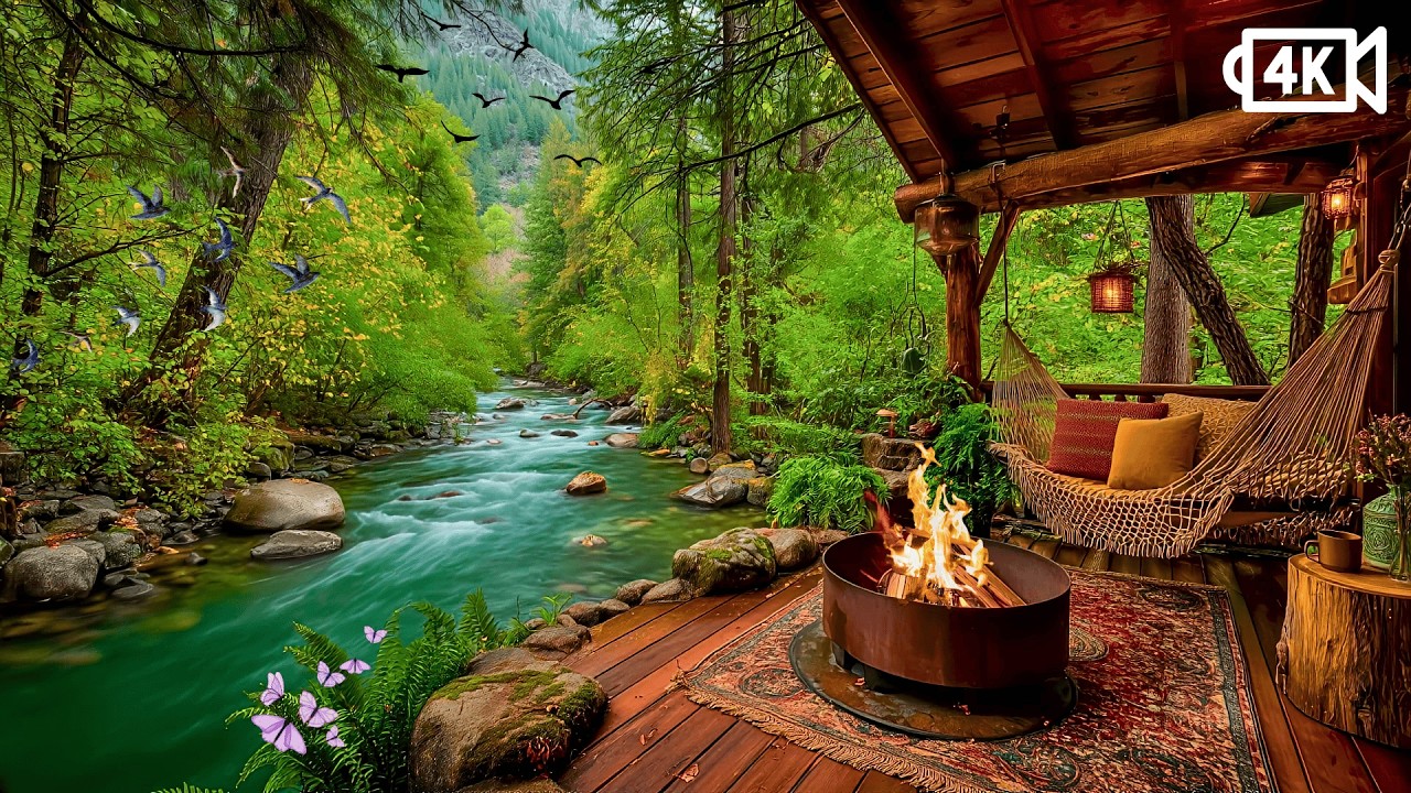 Hidden Forest Cabin Ambience 🌊🔥 | Riverside Campfire, Cozy Porch & Relaxing Nature Sounds (4K)