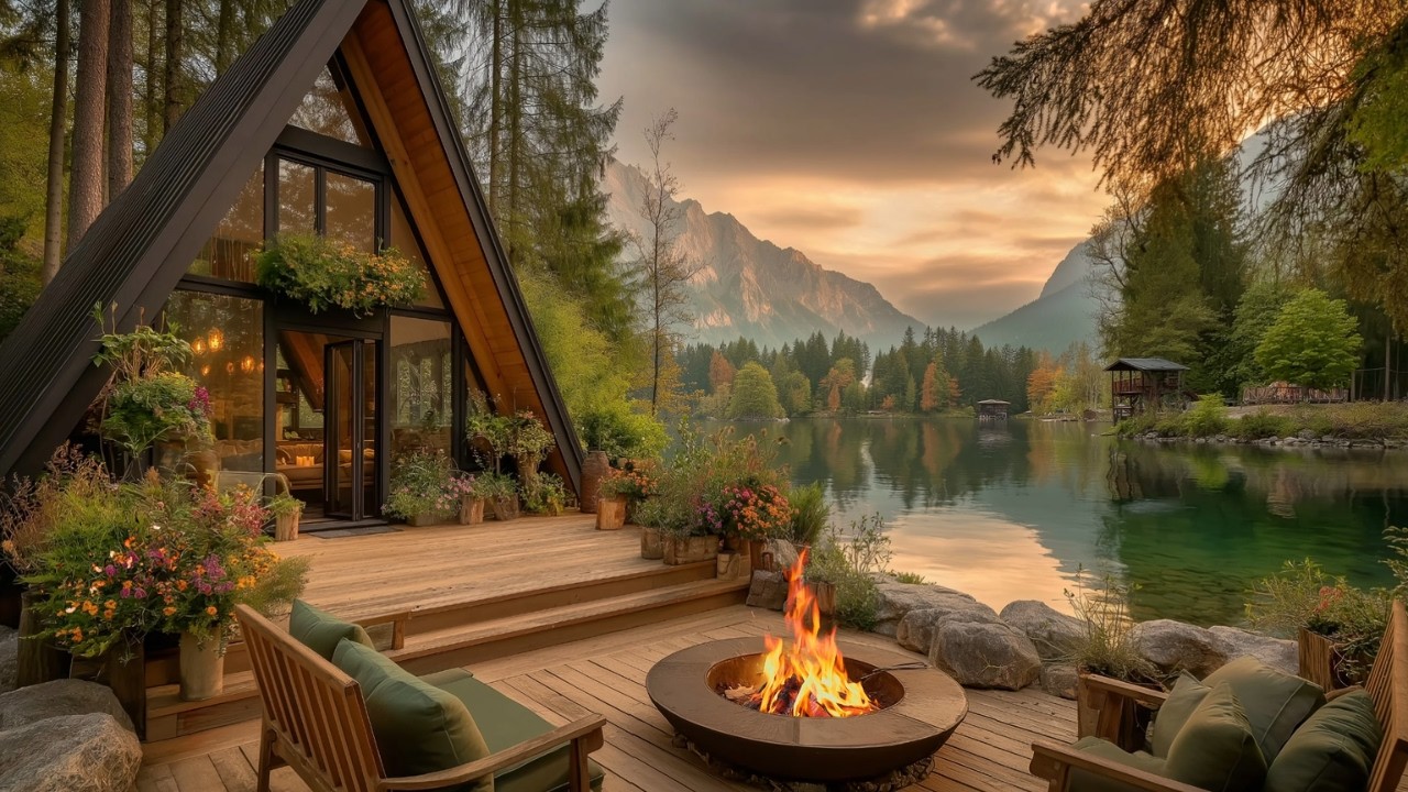 Relaxing Spring Lakeside Cabin Ambience 🌸Cozy Firepit, Birds Singing & Peaceful Nature Sounds