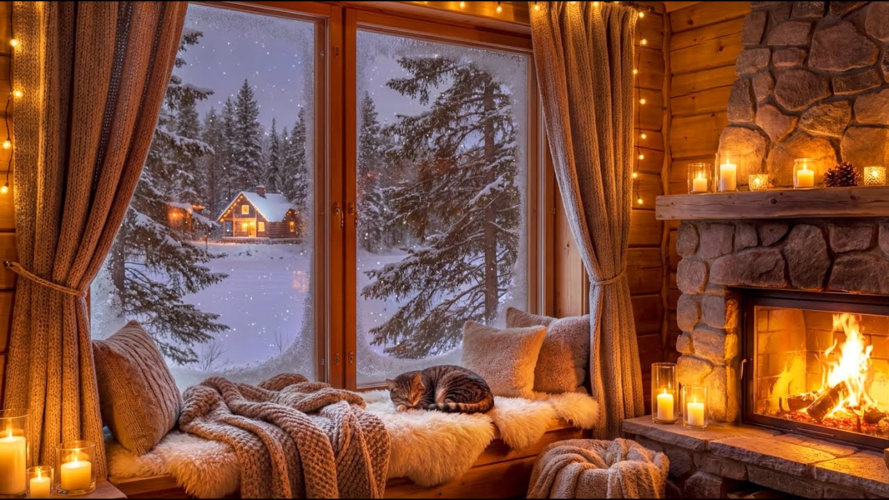 ❄️ Cozy Winter Cabin Fireplace Ambience | 🔥 Crackling Fire Sounds + Purring Cat (Sleep & Relax)
