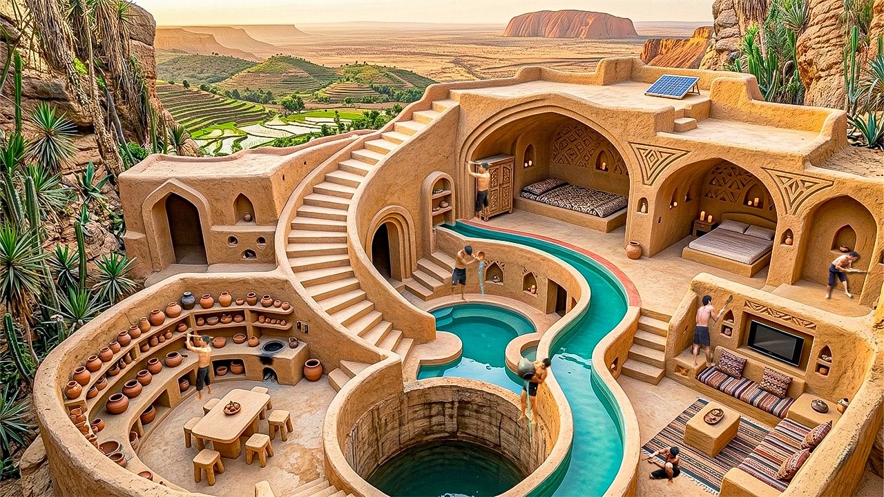 Building an Underground Clay House with River Pools & Carved Interiors Using Primitive Tools