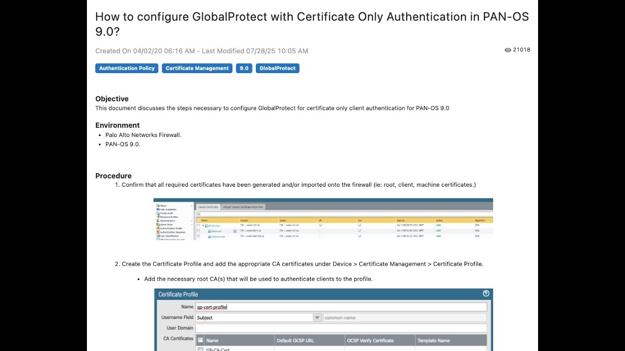 Palo Alto Networks - Global Protect  'Certificate Only' Authentication