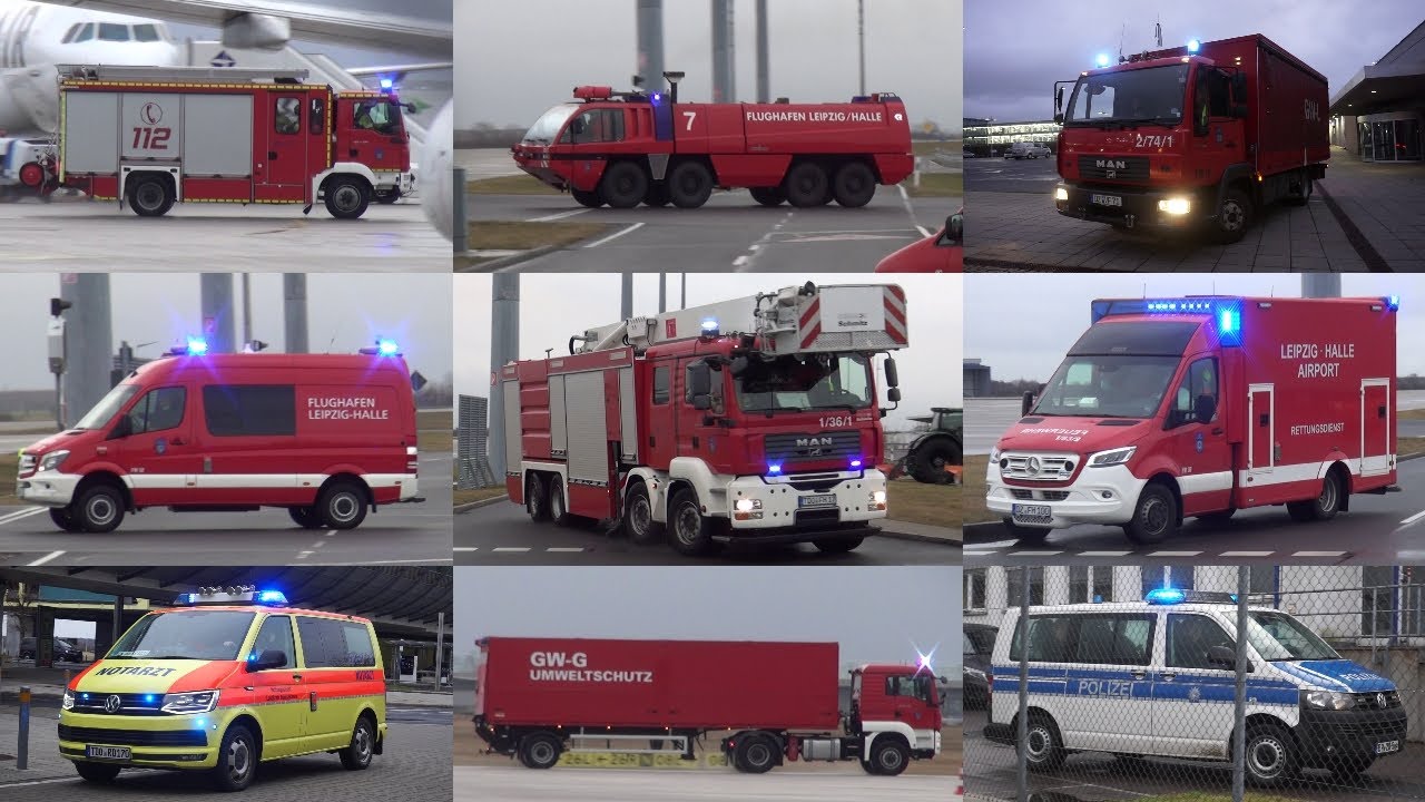 [GEFAHRGUTEINSATZ/ICAO-DREIFACH-ALARM!] Einsatzfahrten Flughafenfeuerwehr Leipzig/Halle, RD & Pol.