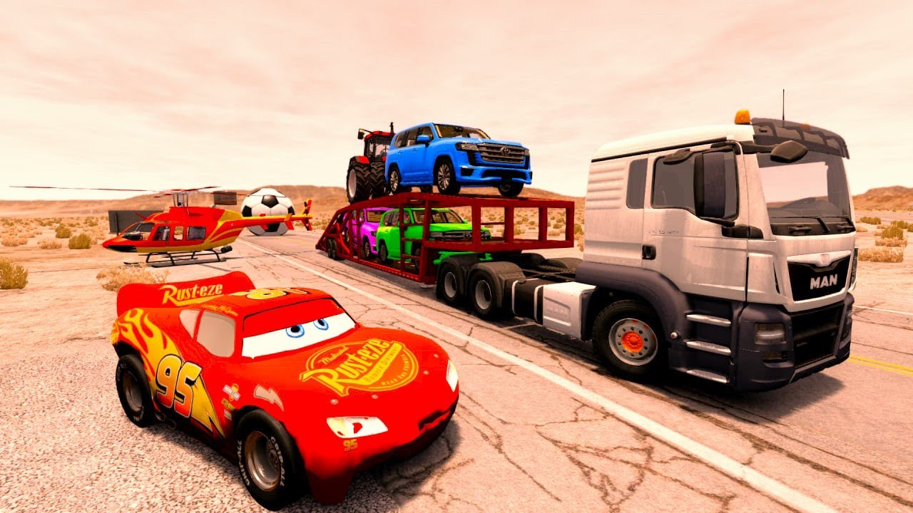 Triple Flatbed Trailer McQueen Transportation with Truck - Speedbumps vs Cars vs Train - BeamNG #3
