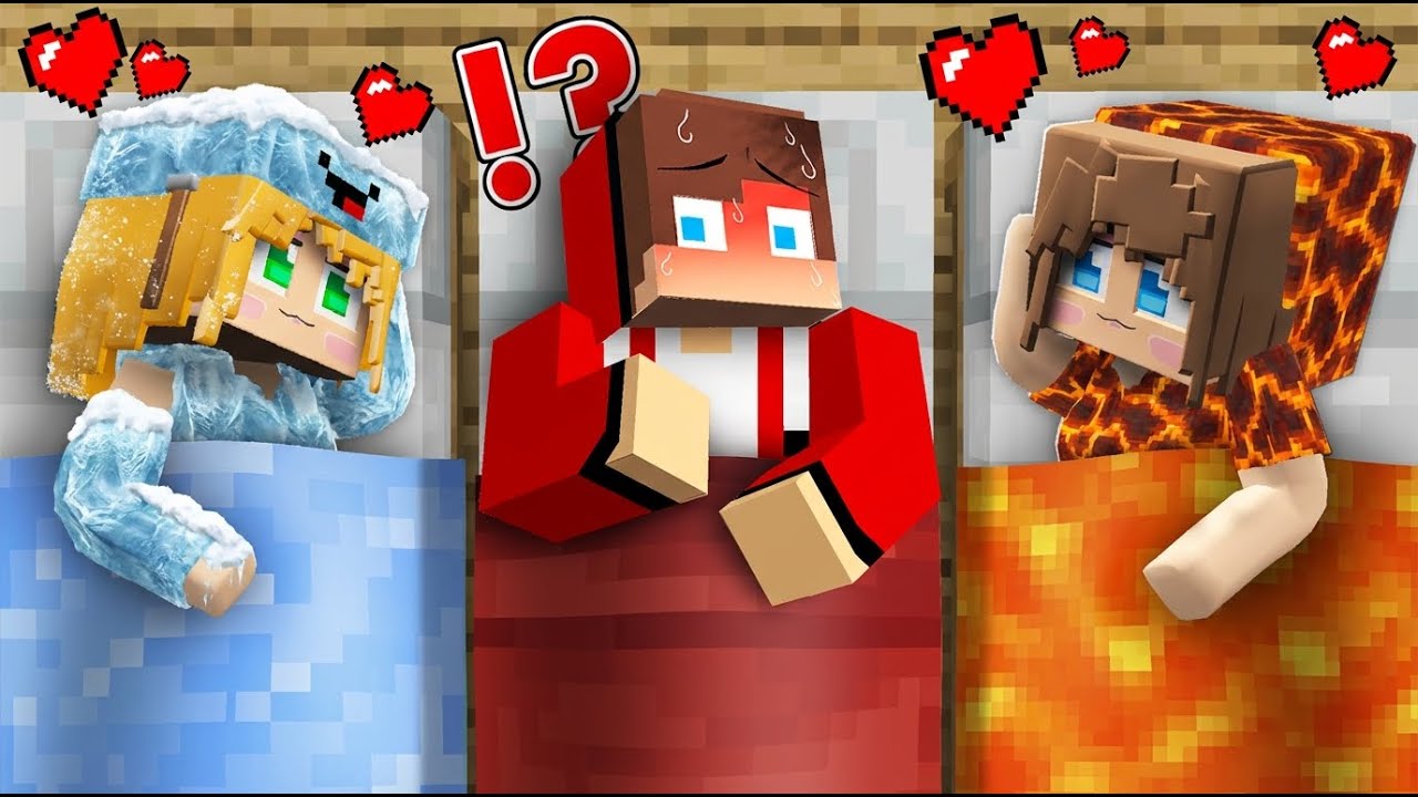 JJ SLEPOVER with Elemental GIRLS! Which GIRL will JJ CHOOSE? Frozen Girl vs Lava Girl in Minecraft