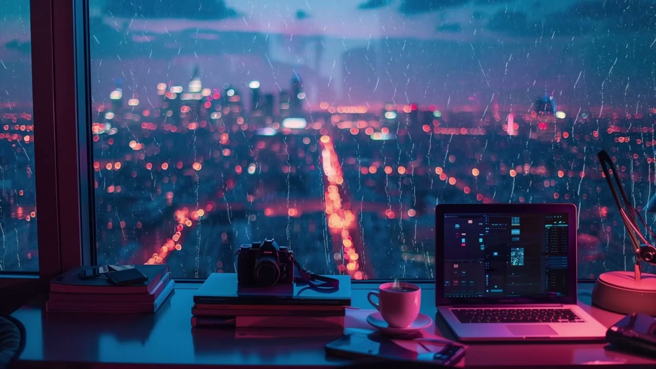 ☔🌧️Cama vuran yağmur sesi ve hafif g&ouml;k g&uuml;r&uuml;lt&uuml;s&uuml; ile sakin m&uuml;zik ve akşam &uuml;st&uuml; şehir. 🌧️🎧🎵