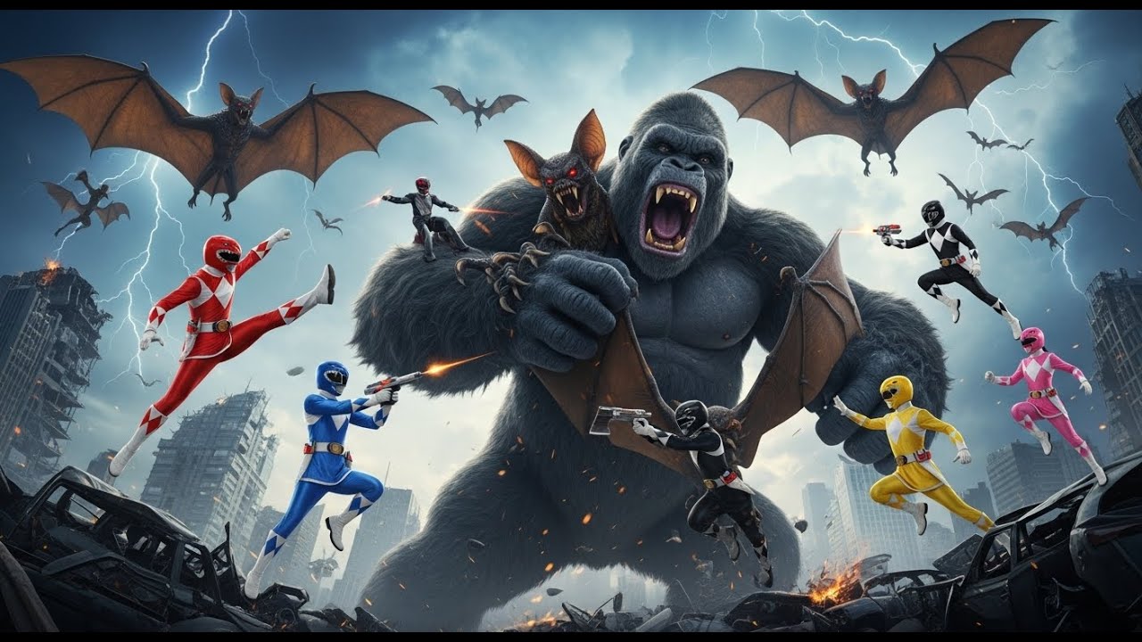5 Power Rangers and King Kong Fight Against Giant Bats.