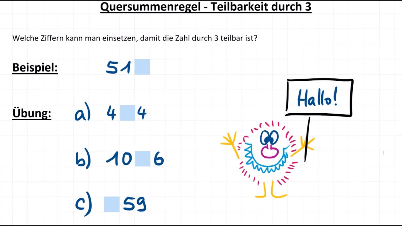 Quersummenregel, Teilbarkeit durch 3, Erklärung mit Übung zu Kästchenaufgabe, Teilbarkeitsregeln