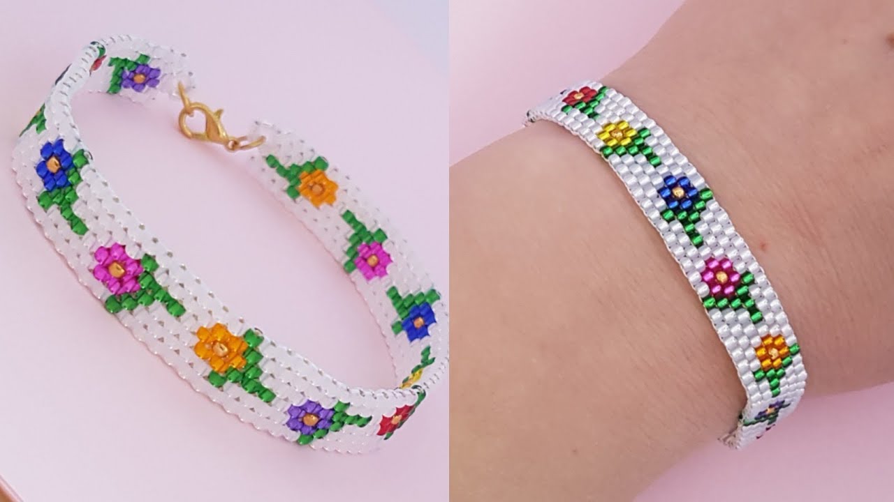 Daisy flower bracelet/Spring flower bracelet/Colorful seed beads bracelet/Peyote stitch/Diy Beading