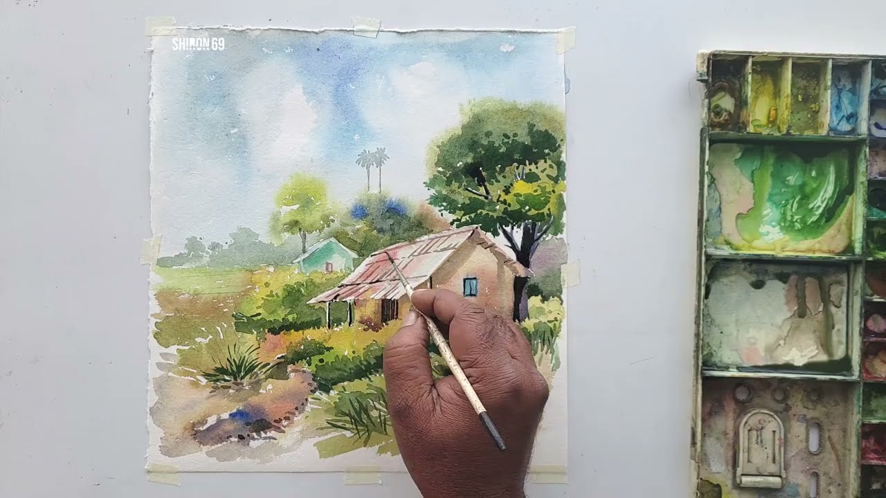 village landscape watercolor painting demo