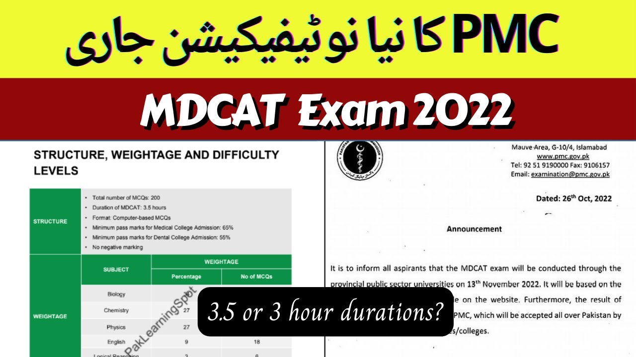 PMC Latest News 2022 | MDCAT Exam Test date & Time durations
