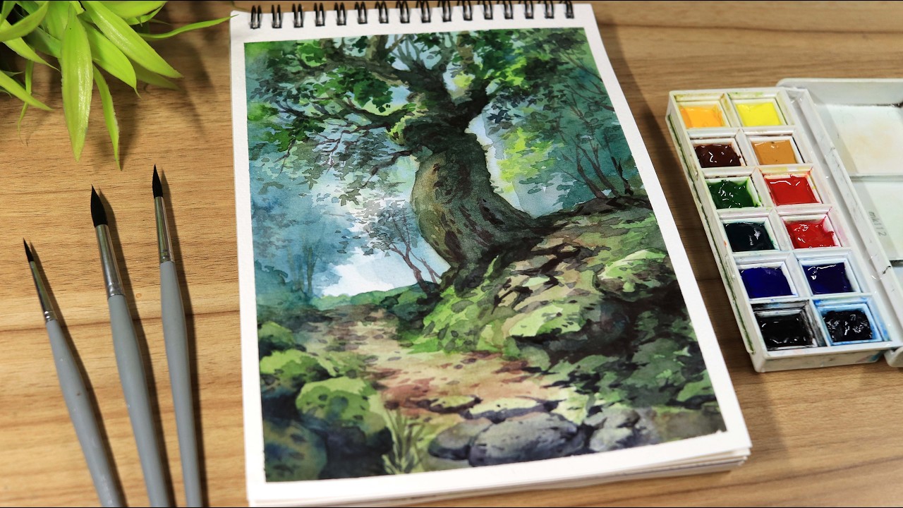 Watercolor Painting of Tree and Forest Landscape Step by Step